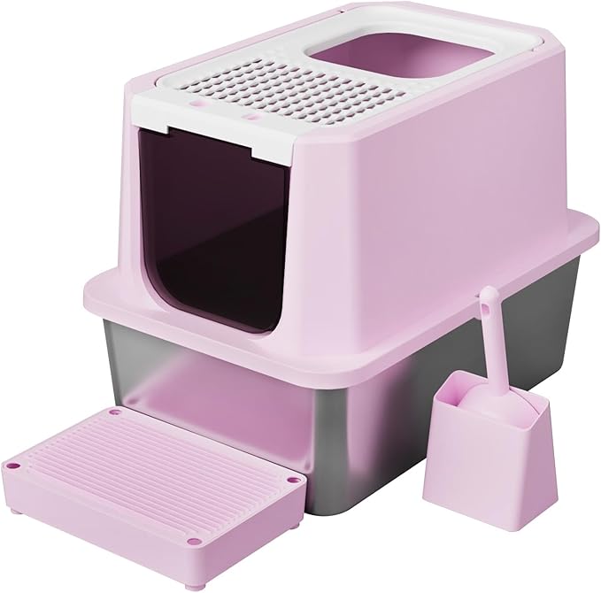 RIZZARI Stainless Steel Cat Litter Box, Semi-Enclosed with Raised Edges, Anti-Leakage & Odorless, Large for Small to Large Cats (Deep Pink, 23.8" L*15.9" W*18" H)-Mewly Pet
