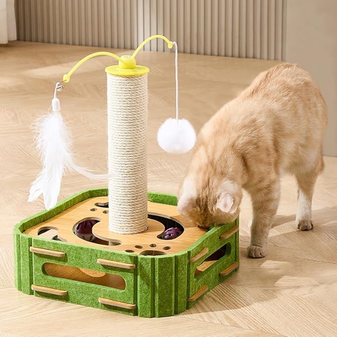 Interactive Cat Puzzle Toy - Scratching Post with Spinning Balls & Feathers for Indoor Cats, Satisfies Hunting Instinct, Self-Play Mental Stimulation Game with Rolling Track-Mewly Pet