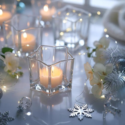 Letine 8pcs Clear Star Tea Light Candle Holders - Glass Votive Holders for Diwali, Wedding Centerpiece, Fall & Holiday Decor - Lucky Star Jar Starlight Vessels (2.44" H, 1.45" Base)