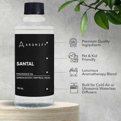 Santal Diffuser Oil, 16.9 FL Oz, 500 mL, Diffuser Fragrance Oil for Home, Bathroom & Office, Aromatherapy Blend of Natural Essential Oil, Sandalwood & Musk Scent.