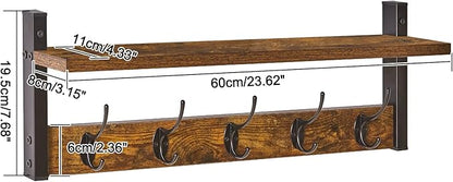YMYNY Coat Rack Wall Mount with Shelf, 2 Pack 23.6" Coat Hooks Coat Hanger Wall Mount, Wall Hooks for Hanging, Hat Rack for Wall, Towel Hooks for Bathrooms, Rustic Brown UHWS004H-2