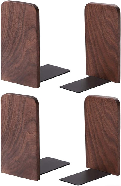 Muso Wood Book Ends for Shelves, Non-Slip Bookends, Heavy Duty Wooden Bookend Support for Books and Movies (Walnut 2 Pairs)