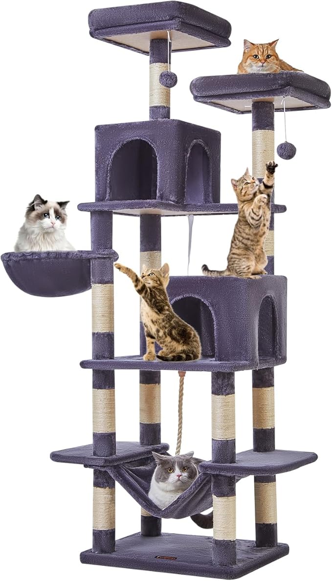 Taoqimiao Cat Tree, 71.7-Inch Cat Tower for Indoor Cats, Plush Multi-Level Cat Condo with 13 Scratching Posts, 2 Perches, 2 Caves, Hammock, 2 Pompoms,Smoky Gray MS013LG-Mewly Pet