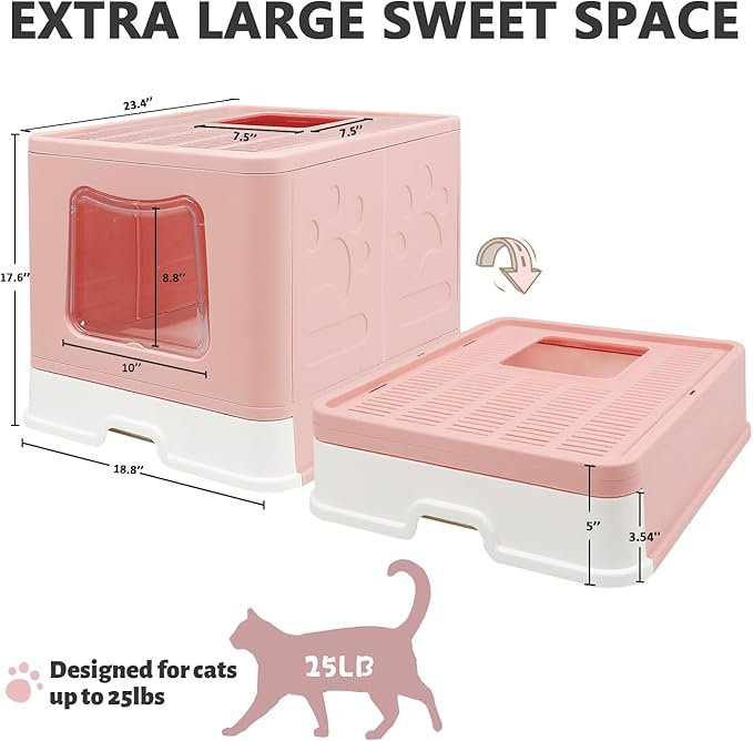 XL Foldable Cat Litter Box with Lid - Jumbo Enclosed Potty - Top Entry Anti-Splashing Toilet - Includes Scoop & 2-in-1 Cleaning Brush (Pink)-Mewly Pet