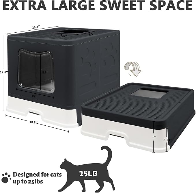 XL Foldable Cat Litter Box with Lid - Jumbo Enclosed Potty - Top Entry Anti-Splashing Toilet - Includes Scoop & 2-in-1 Cleaning Brush (Black)-Mewly Pet