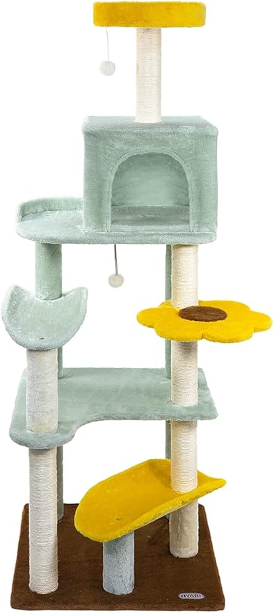 HYABi 65.5 Inch Sunflower Cat Tree Tower Multi-Level Cat Condo with Plush Scratching Posts, Toy Balls, and Pet House, Indoor Play Platform for Large Adult Cats, Cute Sunflower Design-Mewly Pet