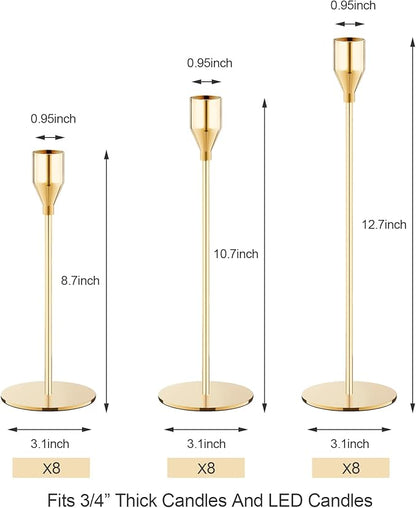 French Gold Taper Candle Holders Set of 12 Candlestick Holders Bulk，Metal Candle Stick Holder Decor for Wedding, Dinning, Party or Anniversary, Fits 3/4 Inch Thick Candle