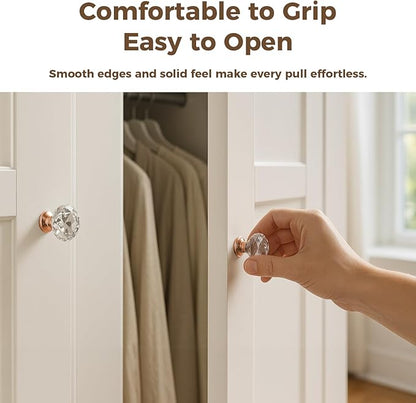 DEELF 12 Packs Kitchen Cabinet Knobs, 30 mm Crystal Cabinet Knobs, Diamond Dresser Handle Drawer Pulls, Dresser Knobs for Cabinets and Drawers, Rose Gold Base