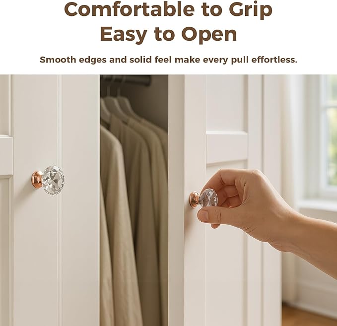 DEELF 12 Packs Kitchen Cabinet Knobs, 40 mm Crystal Cabinet Knobs, Diamond Dresser Handle Drawer Pulls, Dresser Knobs for Cabinets and Drawers, Rose Gold Base