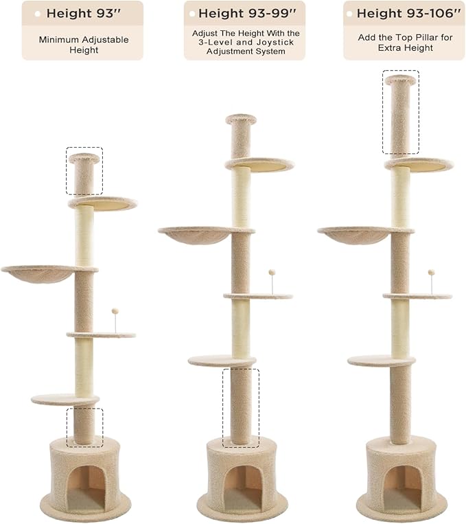 Made4Pets Floor to Ceiling Cat Tree 93-106'',Tall Cat Tower 5 Tiers, Adjustable Height, Stable Cat Tree Tower with Scratching Posts, Fluffy Condo, Hammock and Ball Toy for Indoor Cats/Kitten, Beige-Mewly Pet