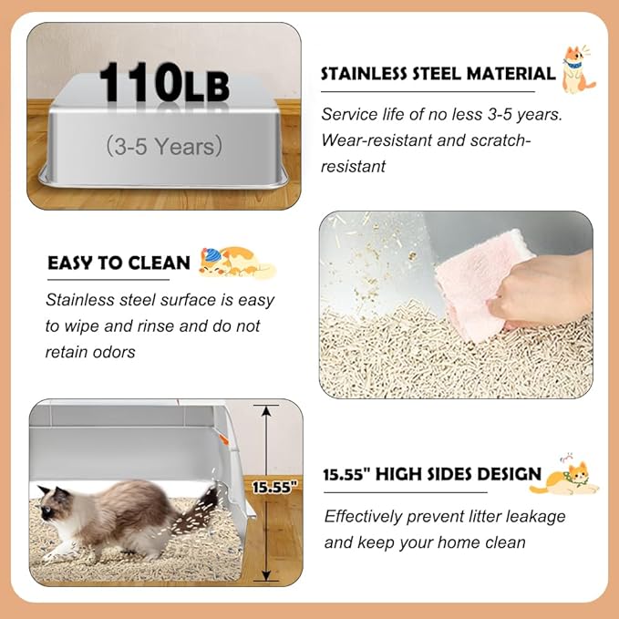 Vivifying Stainless Steel Litter Box with Lid, XL Side Entry Extra Large Litter Box for Big Cats & Kitty, Removable Enclosed Metal Cat Pan with High Sided Enclosure, Scoop, Mat, Footboard (Beige)-Mewly Pet