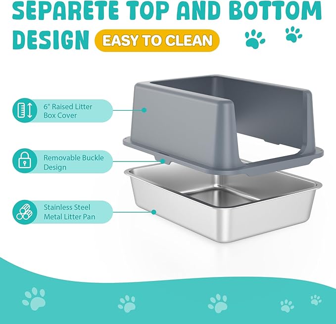 Litter Box with Lid, Stainless Steel Litter Box, 10" Metal Litter Tray High Sides, Small Litter Pan for Kittens, Enclosed Cat Litter Pan, Non-Sticky Covered Grey, Easy Clean-Mewly Pet