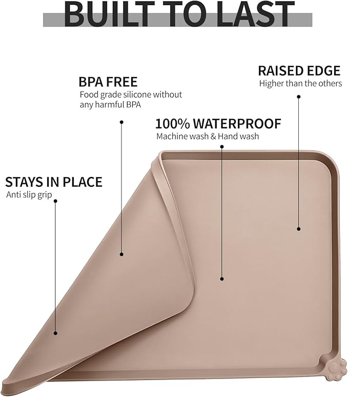 Waterproof Pet Feeding Mat with High Raised Edges, Heavier and Thicker Placemats for Cat Dog Water Bowl with BPA Free, Dogs Cats Food Mats for Messy Drinkers to Prevent Spill and Protect Floors-Mewly Pet