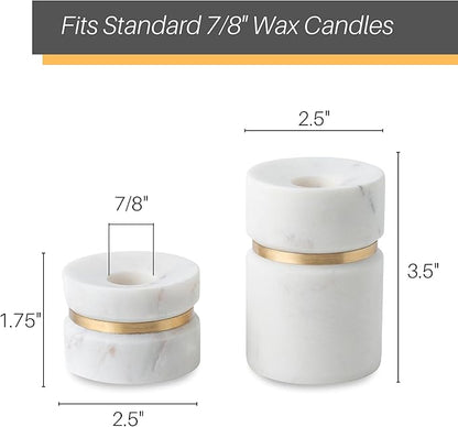 Cork & Mill Taper Candle Holders for Candlesticks, Set of 2 Handcrafted White Marble and Gold Brass Candle Stick Holders, Modern Centerpiece for Dining Table Decor or Mantle