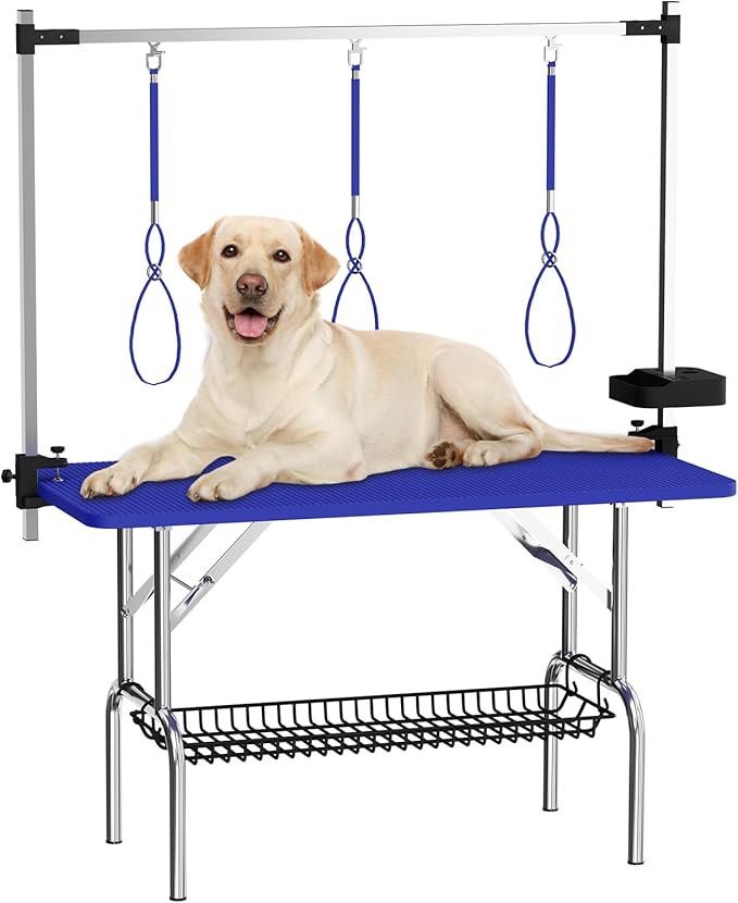 VFK 47'' Large Dog Grooming Table Stainless Steel Foldable Grooming Table for Dogs at Home Adjustable Height Arms Pet Station with Nooses, Mesh Tray, Tool Organizer-Mewly Pet