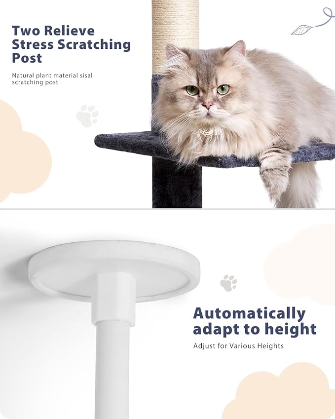 Floor to Ceiling Cat Tree, 5-Tier Height (95-109 inches) - Adjustable Cat Climbing Tower with Sisal Scratching Posts, Cat Condo, Hammock, Platforms, and Hanging Balls-Mewly Pet