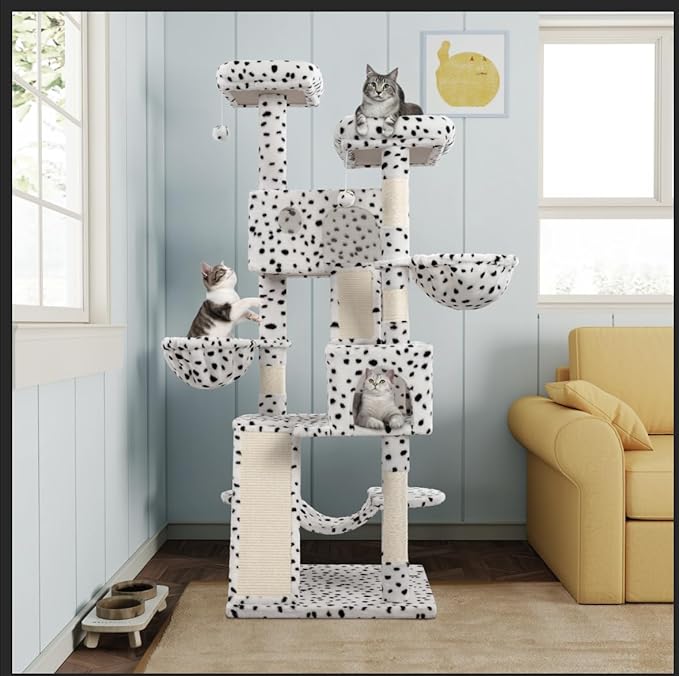 MUTICOR 66 Inches Multi-Level Large Cat Tree Tower for Indoor Big Feline/Cozy Plush Perches/Condo/Sisal Scratching Posts/Hammock and Baskets/Activity Center Play House/Wide Base/White & Black Spot-Mewly Pet