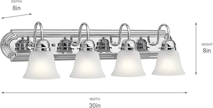 Kichler 30" 4-Light Vanity Bath Light in Chrome, Modern Bathroom Light with Clear Satin Etched Glass, ("30" W x 8" H), 5338CHS