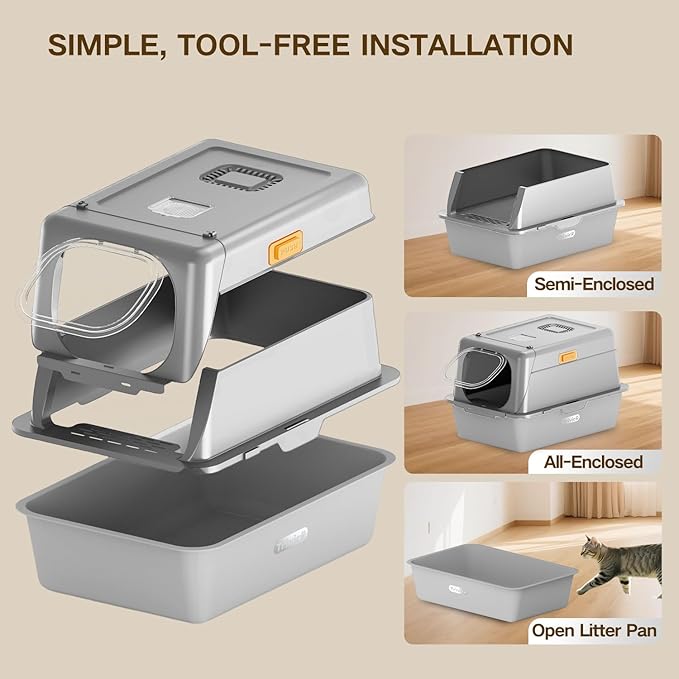XX-Large Stainless Steel Cat Litter Box with Lid – Fully Enclosed Large Litter Box for Big Cats, Odor Control with Magnetic Door, Easy Clean, Multi-Cat Durable Metal Pan.(White-Gray)-Mewly Pet