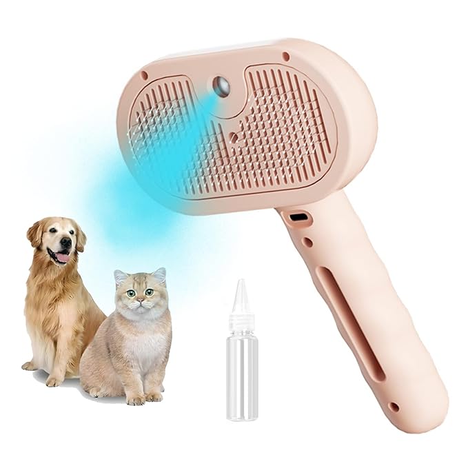 3-in-1 Steam Brush for Cats - Self Cleaning Cat Brush with Anti-Static & Shedding Control, Rechargeable Pet Grooming Tool for Long/Short Hair Cats & Dogs(Pink)-Mewly Pet