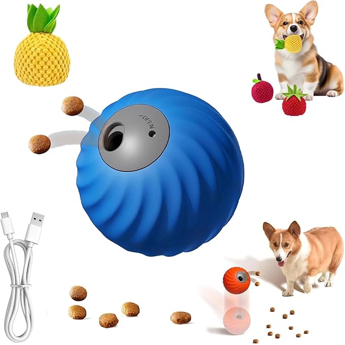 Zoomie Buddy 2.0, Zoomie Buddy for Dogs, 2 in 1 Smart Touch Interactive Dog Balls ＆ Pet Feeder, 2.83" Diameter, Suitable for Small/Medium Dogs, with Fruit Plush Cover (Blue, Pineapple)-Mewly Pet