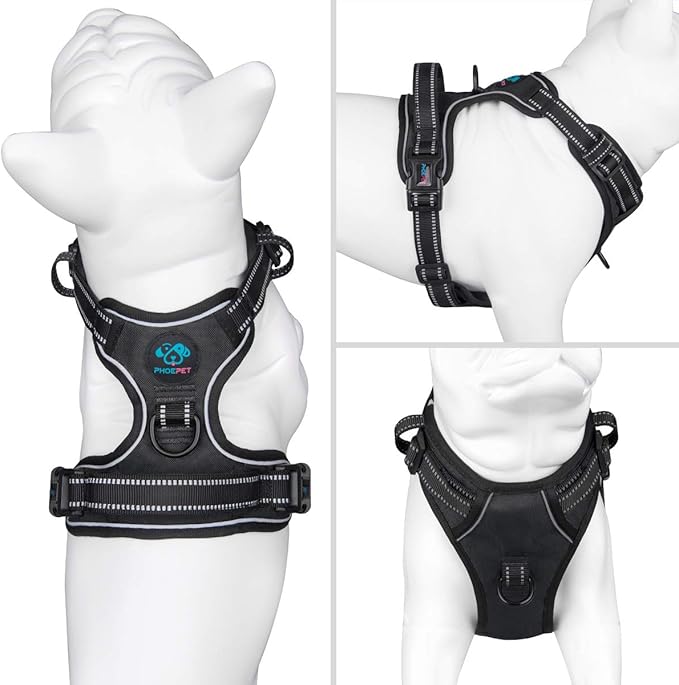 PHOEPET Reflective Dog Harness No Pull Large Breed Vest with 2 Metal Leash Attachment Hooks(L, Black)-Mewly Pet