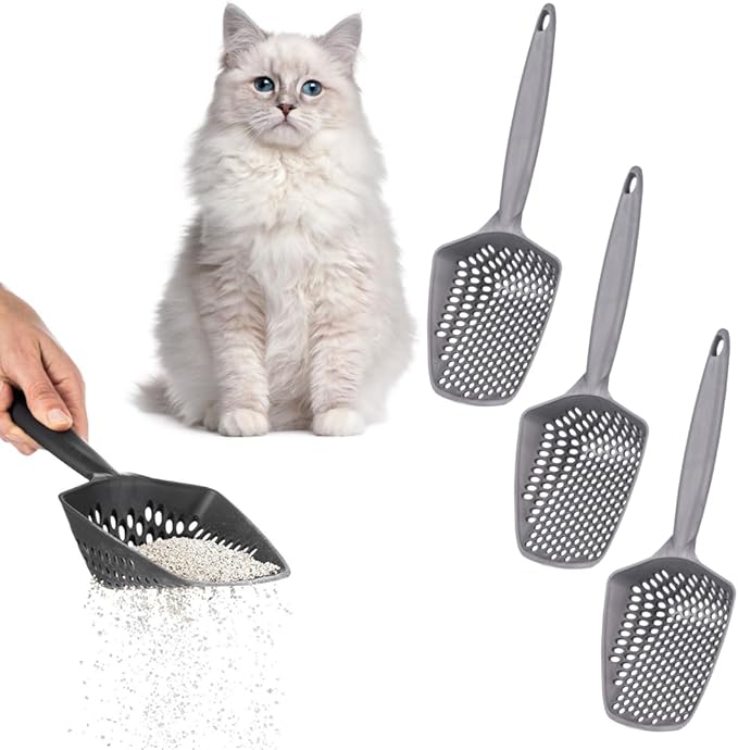 Set of 3 Cat Litter Scoop with Small Holes, Deep Sifting Shovel for Fine Litter, Reptile Terrarium Sand & Rabbit Pooper Lifter, Hanging Handle Poop Scooper (Gray, Set of 3)-Mewly Pet
