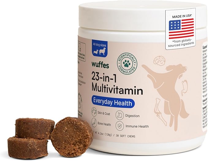 Wuffes 23-in-1 Dog Multivitamin Supplement for Hip & Joint, Skin & Coat and Immune System Support with Omega 3, Iron, Zinc, Vitamin C - Minerals & Vitamins for Senior Dogs and Puppies - 30 Soft Chews-Mewly Pet