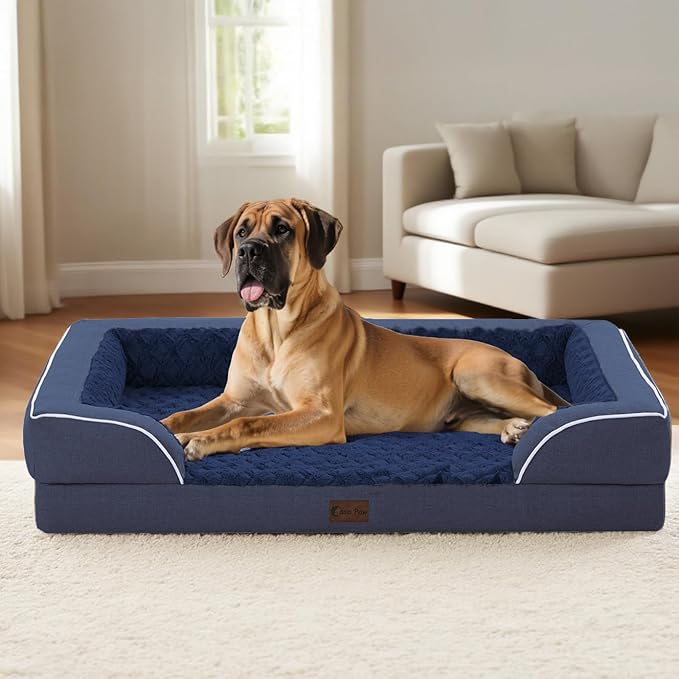 Orthopedic XL Dog Bed for Extra Large Dogs, Waterproof Memory Foam Dog Beds with Sides, Non-Slip Bottom and Egg-Crate Foam Big Dogs Couch Beds with Removable Washable Cover(X-Large,Navy Blue)-Mewly Pet