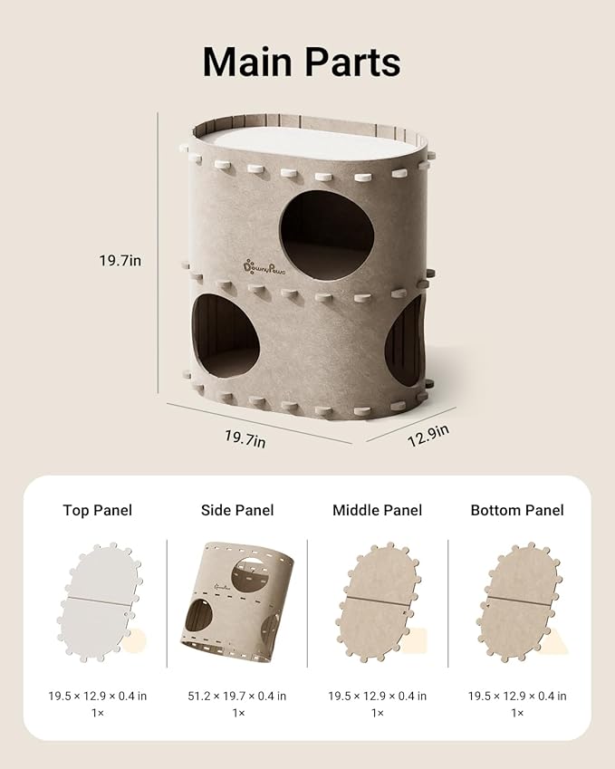 DownyPaws Cat House for Indoor Cats, 2-Storey Foldable Cat Bed Cave, Felt Cats Tunnel Bed Condo, Castle Kitten Cube Hideaway for Multicats, Scratch Resistant, Cream-Mewly Pet