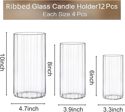 yshengood 12 Pcs Ribbed Hurricane Glass Candle Holders Glass Cylinder Candle Holder for Pillar Candle Floating Candle Holder
