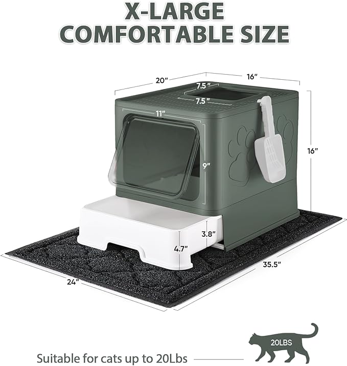 Cat Litter Box with X-Large Litter Mat and Scoop, Large Foldable Litter Box with Lid, Enclosed Kitty Box,Front Top Entry Exit, Odor Control Easy to Clean (Upgrade Olive Green)-Mewly Pet