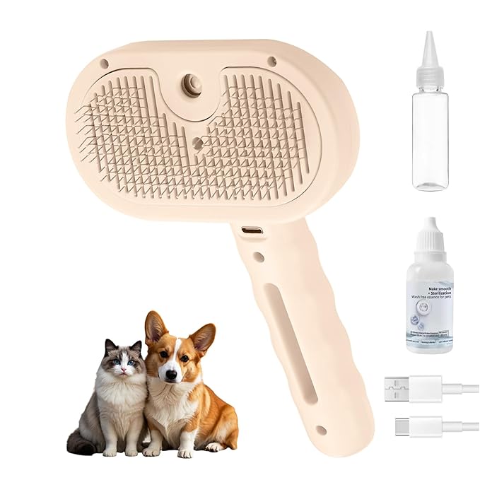 3-in-1 Pet Steam Brush, Grooming Comb with Water Tank for Cats and Dogs, Long and Short Hair (Pink)-Mewly Pet