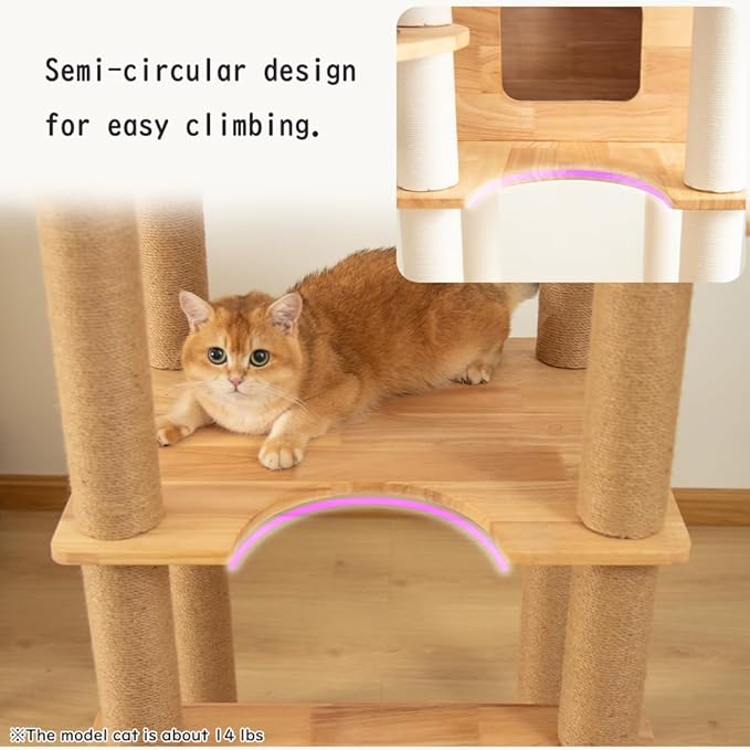 74.8" Wooden Cat Tree Tower for Large Cats, Multi-Level Cat Climbing Furniture with Scratching Posts, Cat Condo & Hammock, Natural Wood Cat Activity Center (White)-Mewly Pet