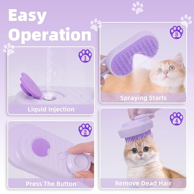 4-in-1 Rechargeable Anti-Dandruff Pet Steam Brush — brush for sheddingCats & Dogs,pet hair removal tool. Integrating functions of massage,clean, hair grooming and anti-static (purple)-Mewly Pet