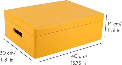 XL Yellow Wooden Box Storage with Hinged Lid | 15.8 x 11.8 x 5.5 inches (+-0.5) | with Handles | Gift Box for Tool Dog Toy Shoes Clothes Kitchen Storage Document | Wood Keepsake Chest