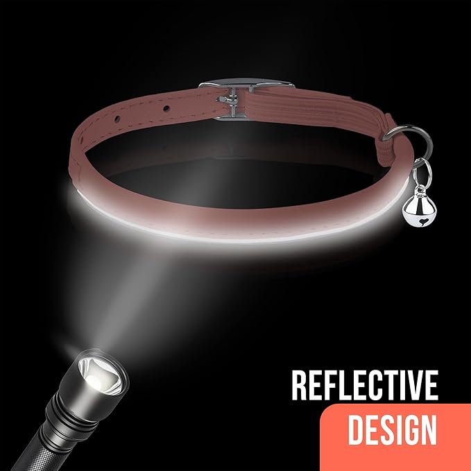 OOPSDOGGY Rolled Leather Cat Collar with Bell, Reflective Kitten Collars with Buckle Include Safety Elastic Strap - Adjustable Small Pet Collars for Boy Girl Cats (Peach)-Mewly Pet