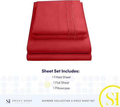 Twin Sheets - Breathable Luxury Sheets with Full Elastic & Secure Corner Straps Built In - 1800 Supreme Collection Extra Soft Deep Pocket Bedding Set, Sheet Set, Twin, Red