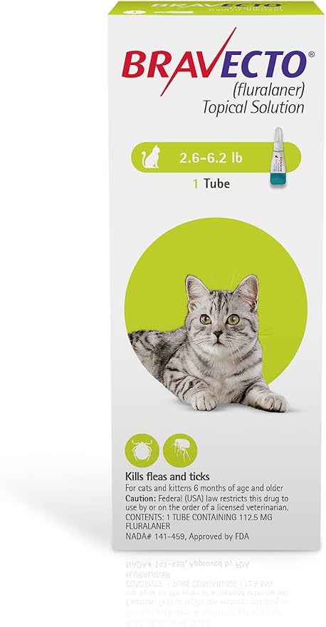 BRAVECTO Topical Solution for Cats, Flea & Tick, 12 Week Supply, 2.6-6.2 lbs., Green Box-Mewly Pet