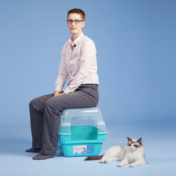 Petfamily Cat Litter Box, Large Foldable Jumbo Hooded Cat Litter Box with Transparent Lid (Teal)-Mewly Pet