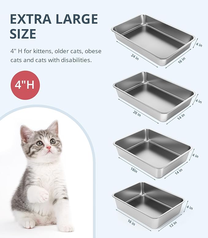 Stainless Steel Cat Litter Box, 4in Shallow Litter Box for Senior Cats and Kittens, Extra Large Metal Litter Pan Nonstick Odor Control Anti-Corrosion-Mewly Pet