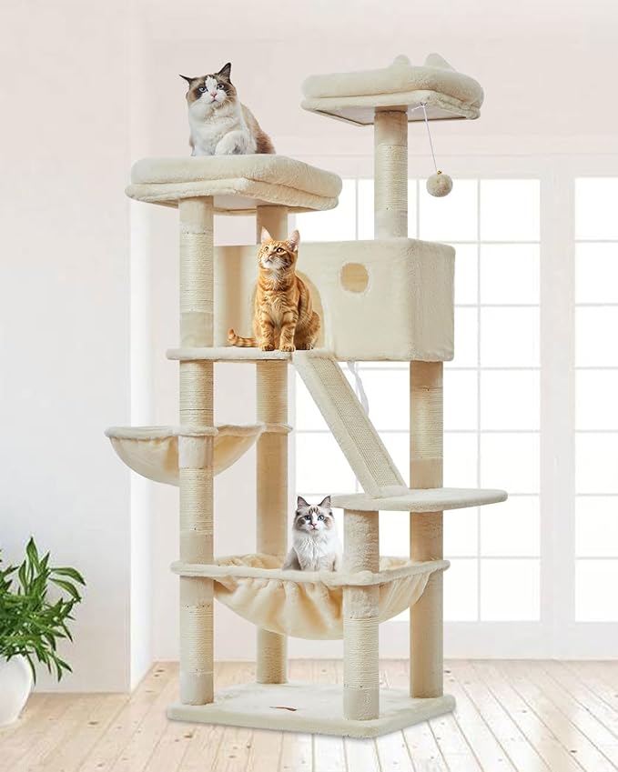 Taoqimiao Cat Tree 57.5-Inch, Cat Tower for Indoor Cats Large Adult, Extra Large Cat Condo, 8 Sisal Scratching Posts, Metal Frame Cozy Hammock, Durable Scratch Board, 2 Top Perches, Beige MS026M-Mewly Pet