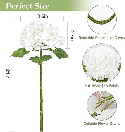 Waipfaru 21" Real Touch White Hydrangea Artificial Flowers with Long Stem & Leaves, Full Latex Faux Hydrangea Flowers for Home Party Decor Floral Arrangements Wedding Bouquets Centerpieces, 2Pcs