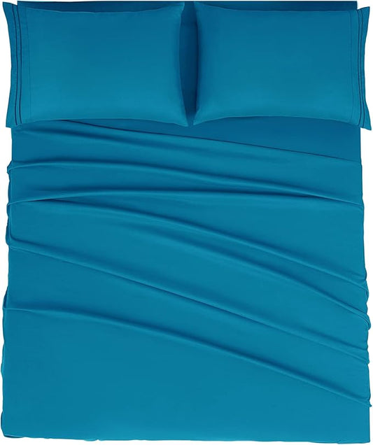 Mejoroom King Size Bed Sheet Set - Hotel Luxury 1800 Bedding Sheets & Pillowcases - 16" Deep Pocket Fitted Sheet, Soft, Breathable, Wrinkle & Fade Resistant - 4 Piece(King,Peacock Blue)
