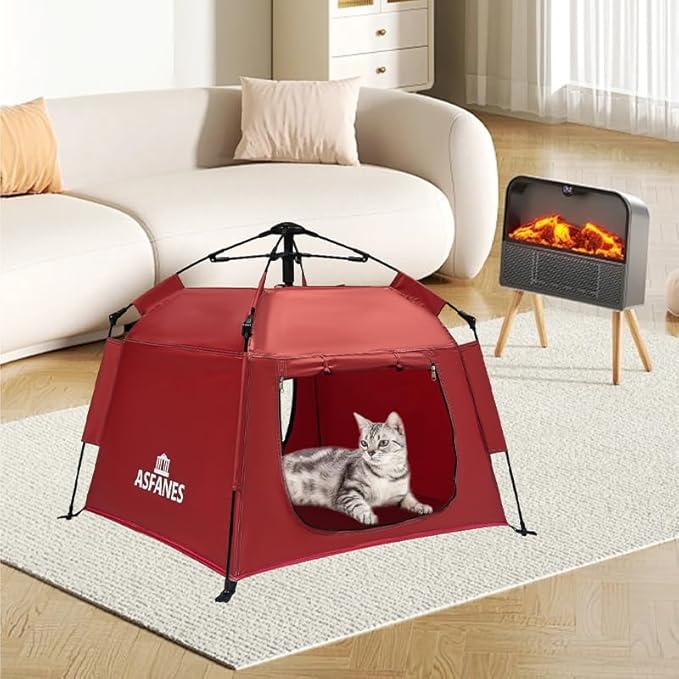 Outdoor Waterproof Pet Automatic Camping Tent, Pop up Cave Bed for Indoor Cats and Small Dogs, Portable Cat House Dog House, Red.-Mewly Pet