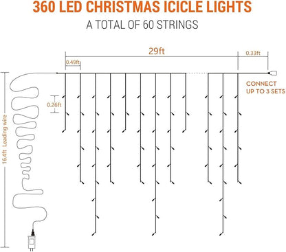 Brizled Christmas Icicle Lights, 29ft 360 LED Outdoor Icicle Lights Color Changing with Remote, 11 Function Connectable Christmas Lighting Warm White & Multicolor Xmas Lighting for Xmas Home Wedding