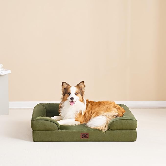 EHEYCIGA Orthopedic Dog Beds for Extra Large Dogs 44x32Inch, Waterproof Memory Foam XL Pet Bed with Sides, Non-Slip and Egg-Crate Foam Big Dog Couch Bed with Washable Removable Cover, Olive Green-Mewly Pet