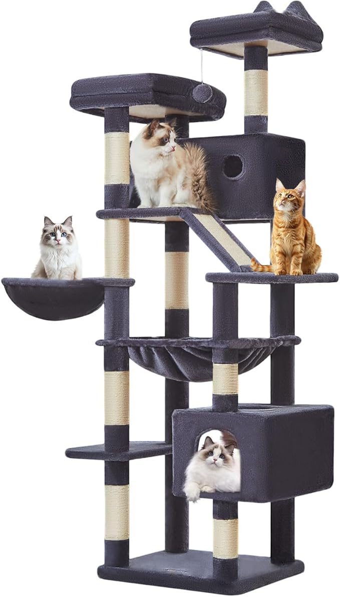Taoqimiao Cat Tree 71-Inch, Cat Tower for Indoor Cats Large Adult, Multi-Level Large Cat Condo, 8 Sisal Scratching Posts, Metal Frame Cozy Hammock, Scratch Board, 2 Top Perches, Smoky Gray MS026LG-Mewly Pet