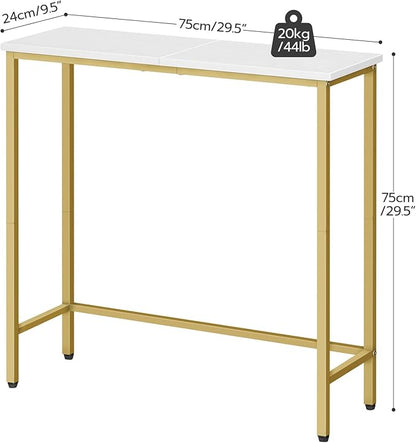 HOOBRO Narrow Console Table, 29.5" Small Entryway Table, Thin Sofa Table, Side Table, Display Table, for Hallway, Bedroom, Living Room, Foyer, White and Gold DW75XG01
