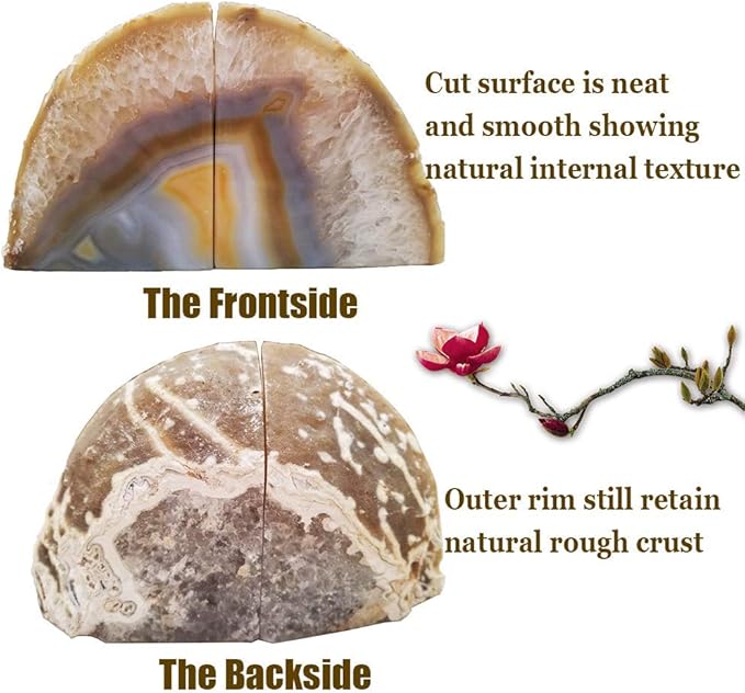 AMOYSTONE Agate Bookends for Shelf Decorative Geode Book Ends for Heavy Books Crystal Bookends for Shelves Nature Brown Small(1 Pair, 2-3 LBS)